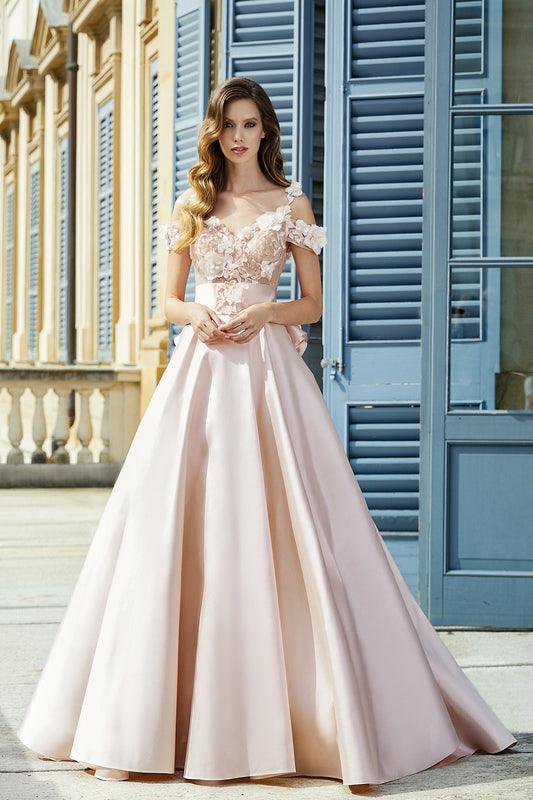 Off The Shouler Double Strap Sweetheart Satin & 3D Floral Appliqués Gown