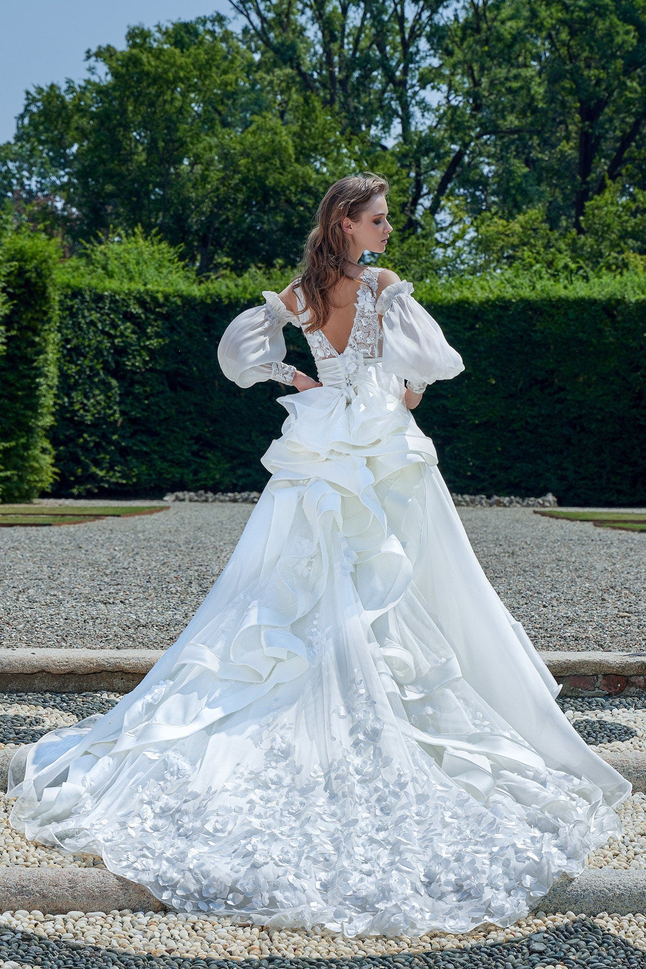 Deep V Floral Appliqués Bodice & Ruched High Waisted Gown With Tiered And Ruffled Back/Matching Detached Sleeves