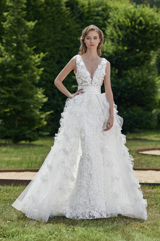 Sleeveless V-Neck Full Floral Appliqués & Sequins Sheath Gown With Detachable Train