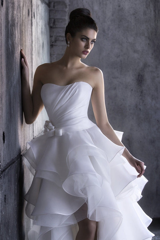 Strapless Sweetheart Ruched Ruffled High Low Dress With Embellished Bow Knot Waist Detail