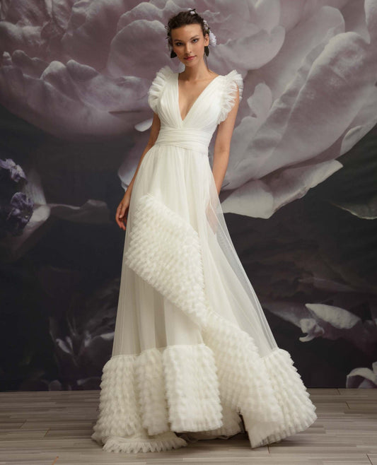 Ruffled Sleeveless Deep V Neck Ruched Waistline Criss-cross Layered Hem Line Gown
