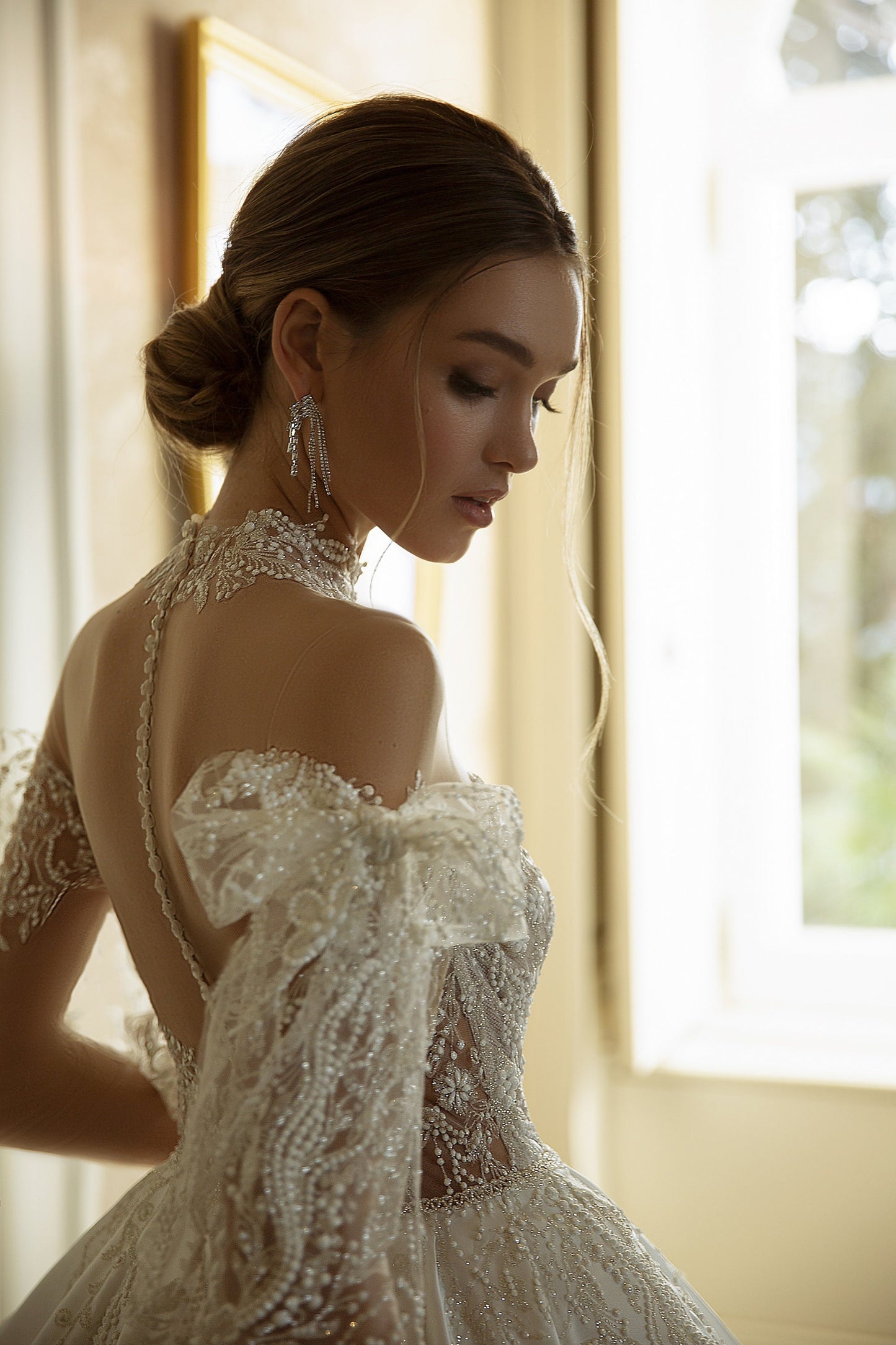 Whimsical Delicately Beaded Floral Lace Off The Shoulder Bow Knot Princess Bridal Gown