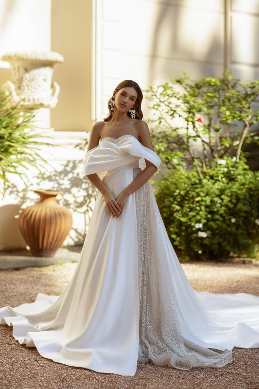 Elegant Draped Pleated Off The Shoulder Sweetheart Beaded & Sequin Glitter Gown