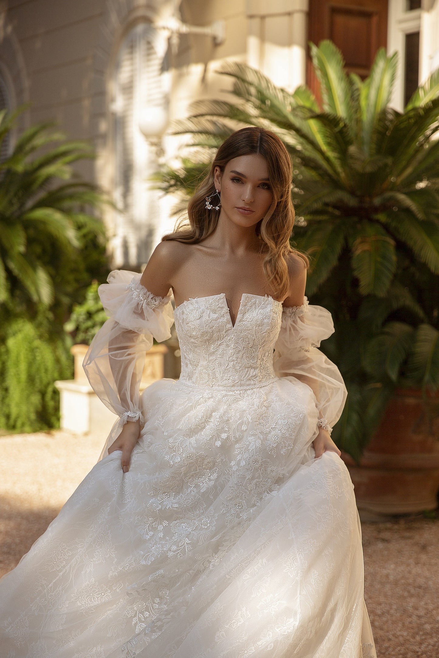 Strapless Delicate And Beautiful Lace Beaded Waistline Gown With Detached Sleeves