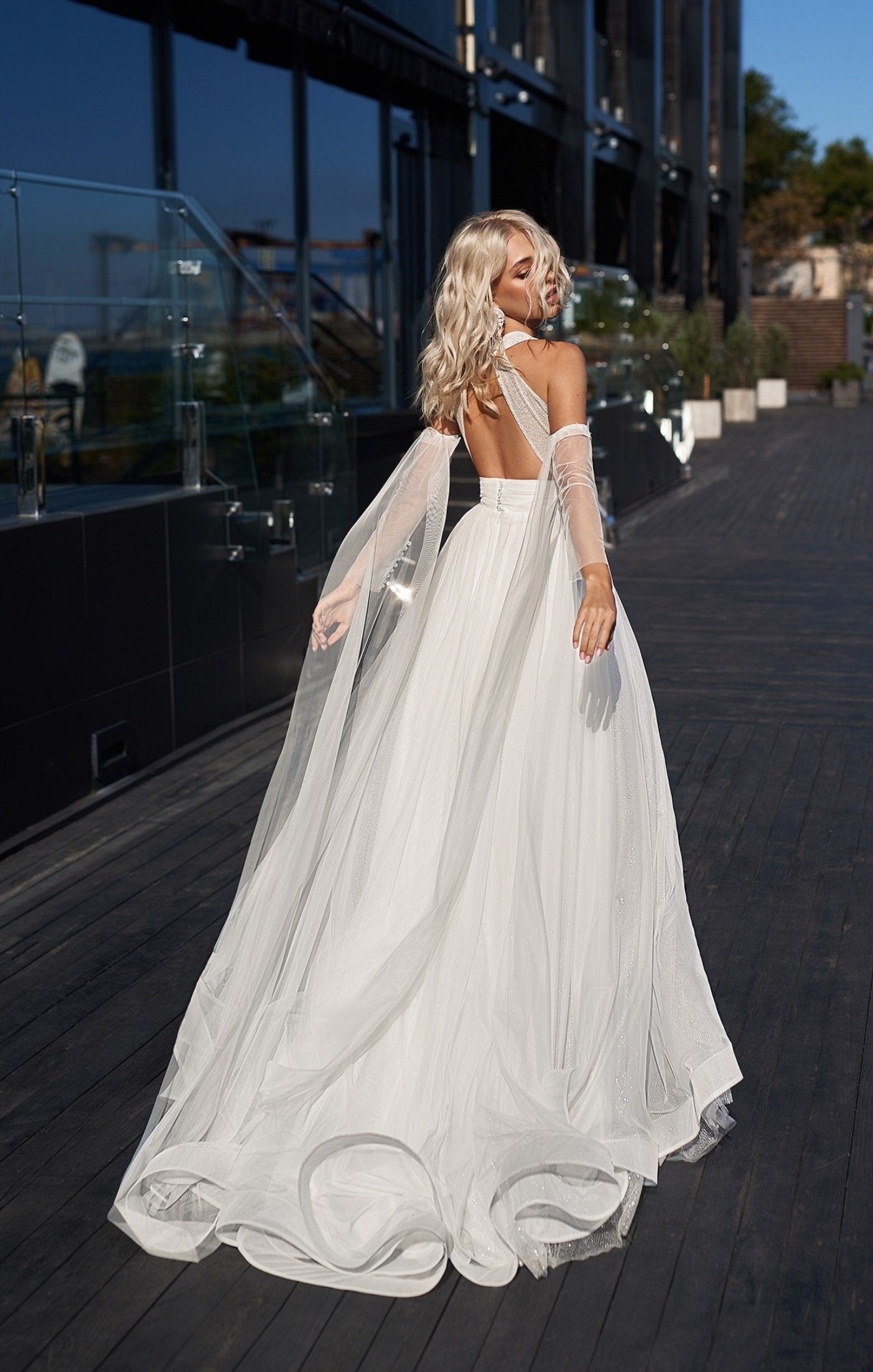 Deep V Shimmer Pleated Waistline Gown With Detached Trailing Sleeves