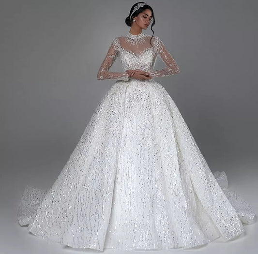 Sheer Illusion Long Sleeve Sweetheart Princess Sparkle Gown