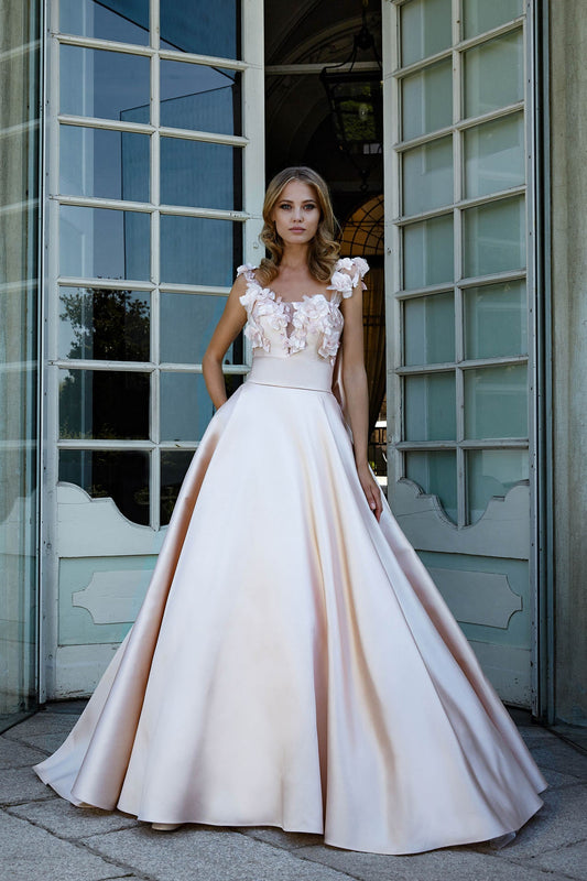 3D Floral Appliqués Satin Deep V Sweetheart Gown With Dramatic Back Bow