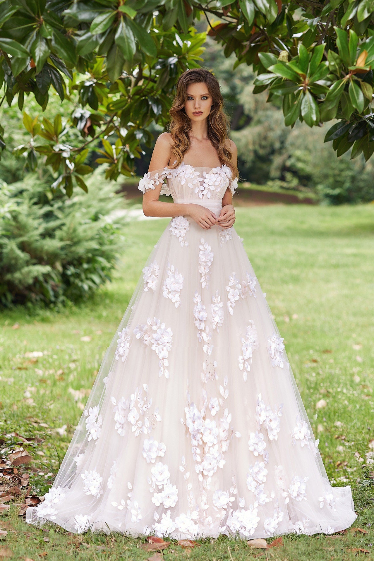 Off The Shoulder Sweetheart 3D Floral Appliqués Garden Gown