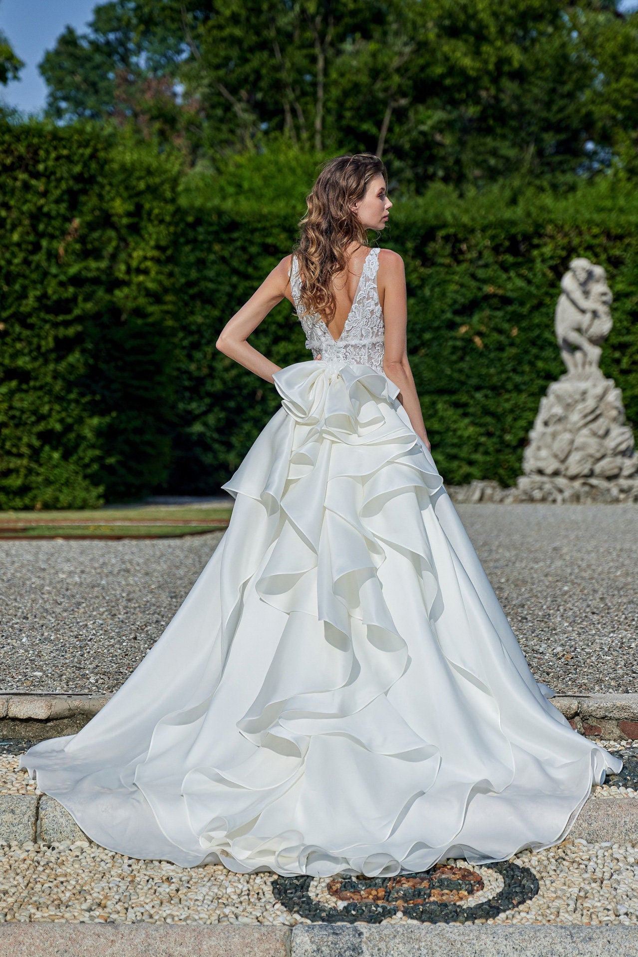 High Waisted  Sleeveless Illusion Gown With Layered & Ruffled Bow Knot Back