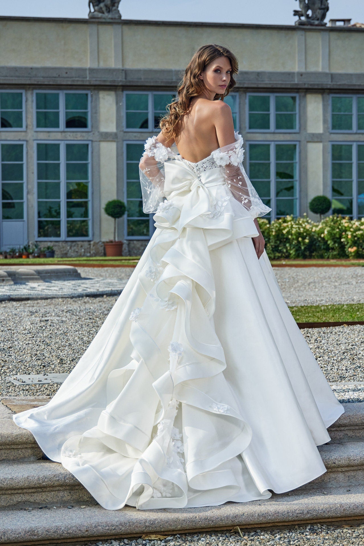 Off The Shoulder Delicate Sheer Floral Sweetheart Gown With Tiered Ruffled & 3D Floral Appliqué Trim