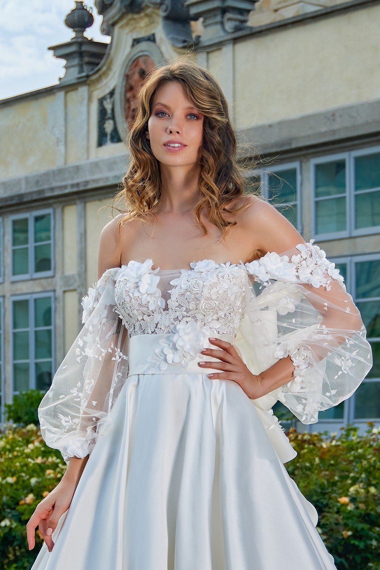 Off The Shoulder Delicate Sheer Floral Sweetheart Gown With Tiered Ruffled & 3D Floral Appliqué Trim