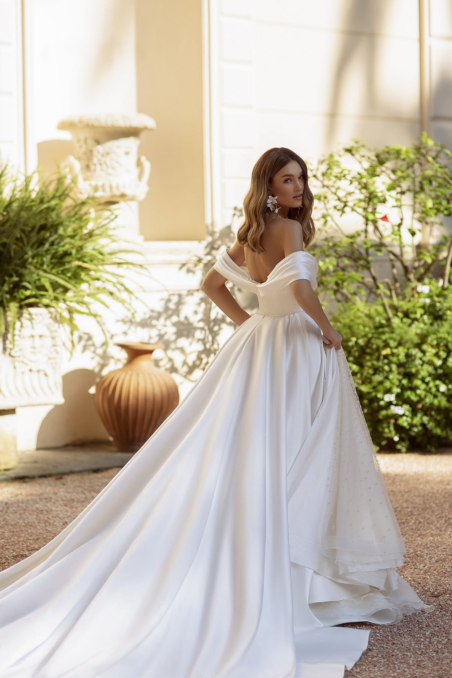 Elegant Draped Pleated Off The Shoulder Sweetheart Beaded & Sequin Glitter Gown