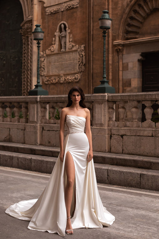 Strapless Corset Asymmetrical Draped Beading & Crystal Embellished Neckline/Waistline Sheath Gown With Detached Cathedral Style Overskirt
