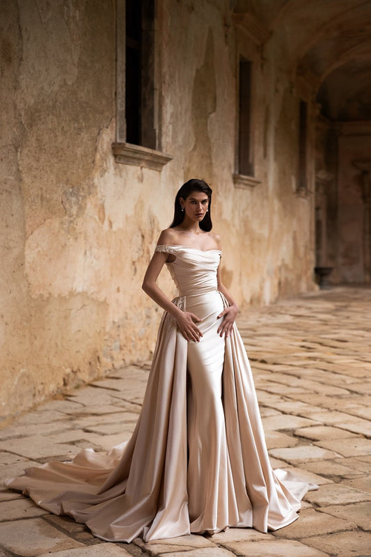 Pleated Crystal & Beaded Embellished Off The Shoulder Sheath Satin Gown/Detachable Cathedral-Length Train Overskirt