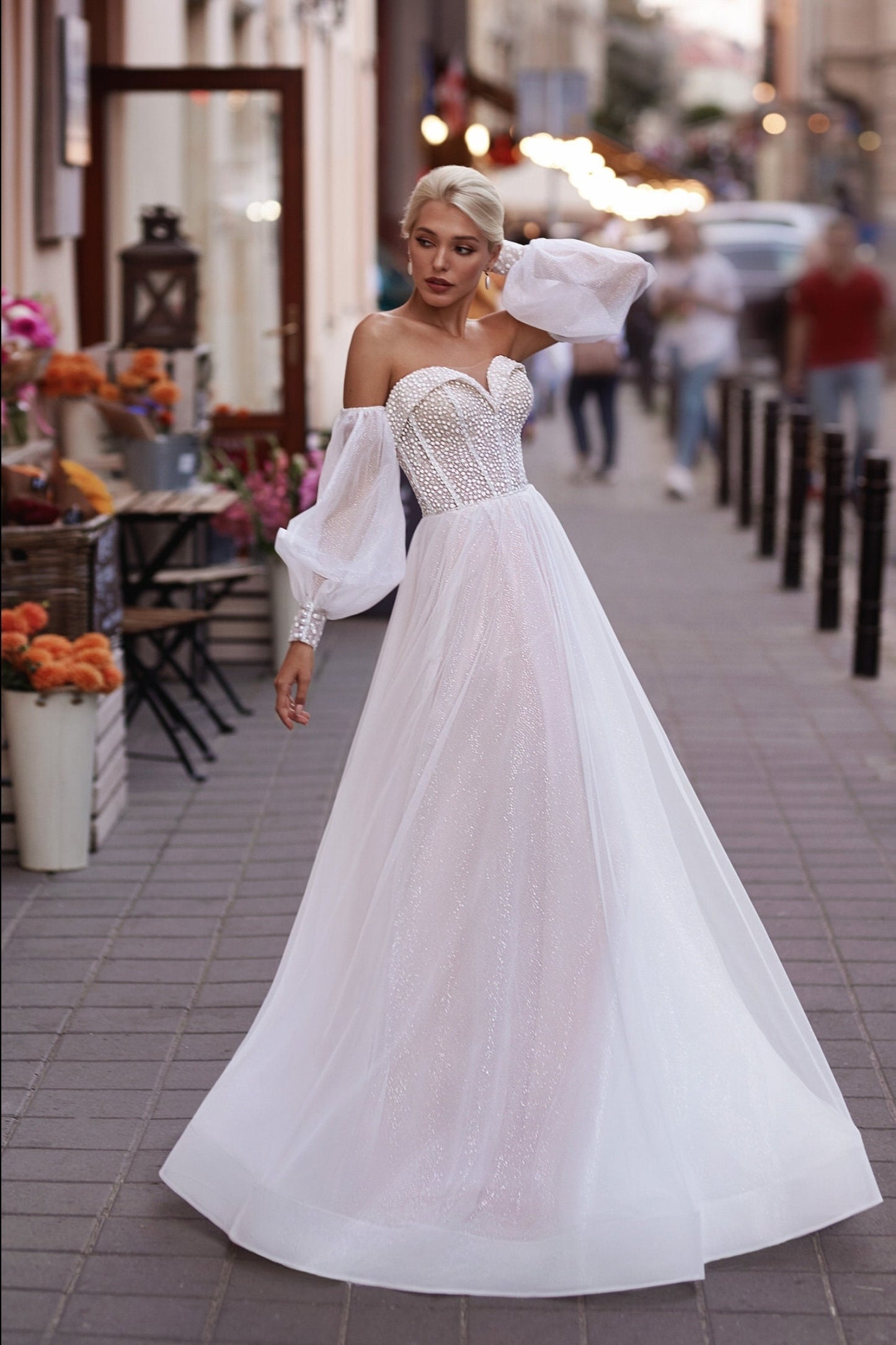 Sweetheart Strapless Dotted Shimmer & Beaded Pearl Gown With Detached Sleeves