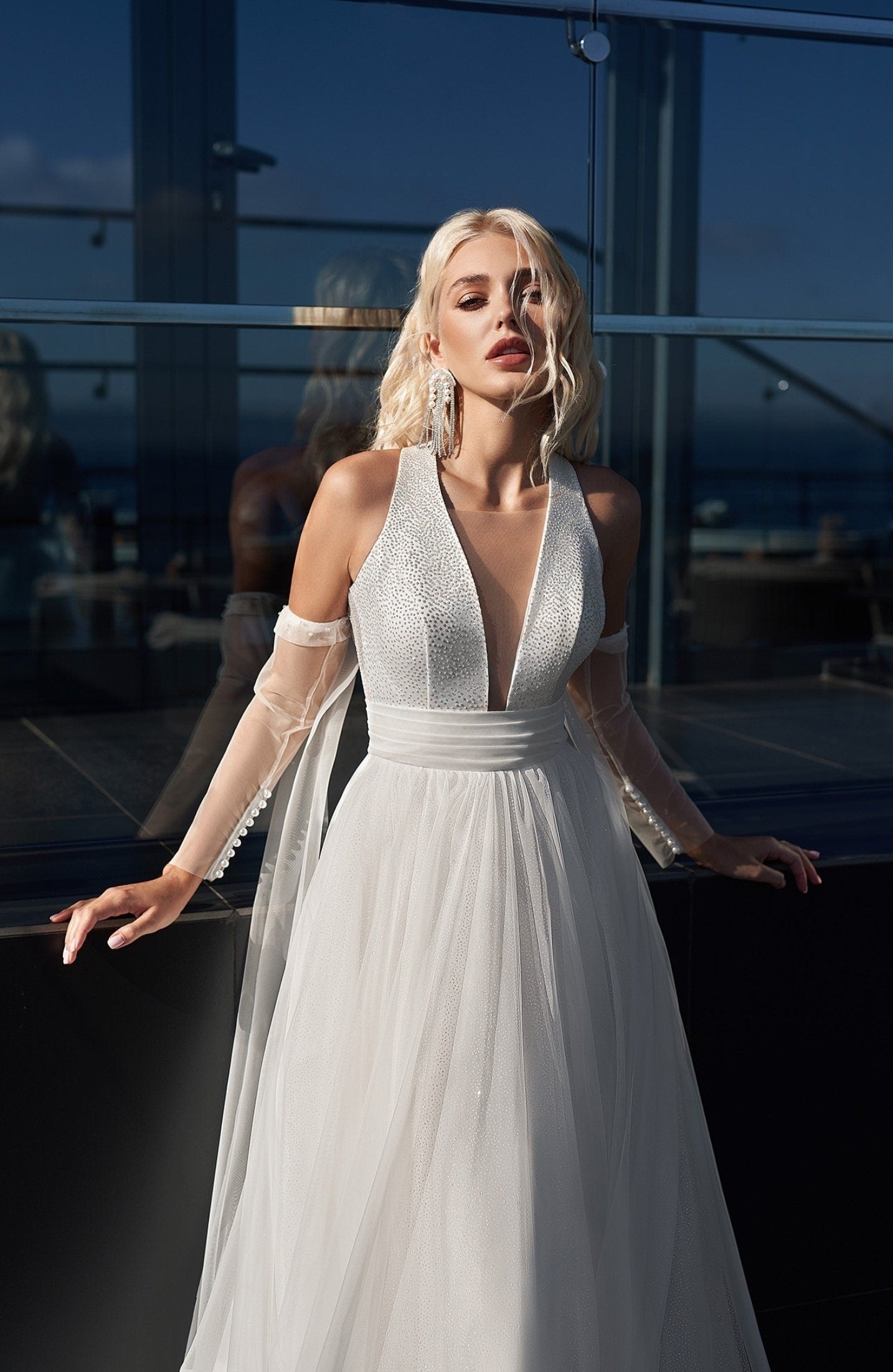 Deep V Shimmer Pleated Waistline Gown With Detached Trailing Sleeves