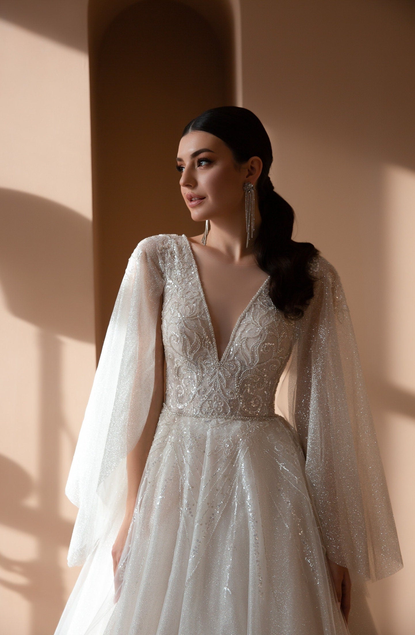 Beaded Shimmer & Sequins Draped Flare Sleeve Gown