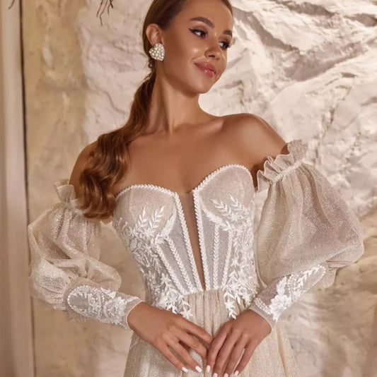 Detached Ruffled Bicep Victorian Appliqué Shimmer Sleeves