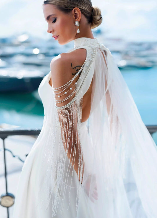 Beautifully Beaded Halter Cold Shoulder Statement Bridal Cape