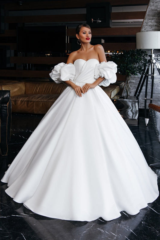 Strapless Crystal Beaded Trim Sweetheart Pleated A-Line Gown With Detached Cloud Puff Sleeves