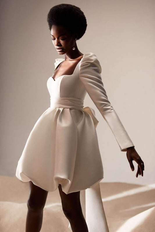 Mikado Satin Mini Long Sleeve Sweetheart Dress With Detachable Back Bow