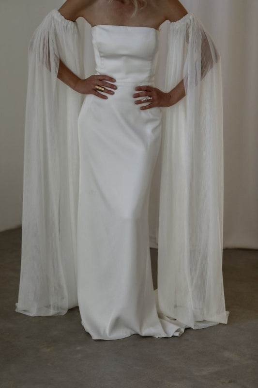 Detached Dramatic Floor Length Plisse Tulle Column Sleeves