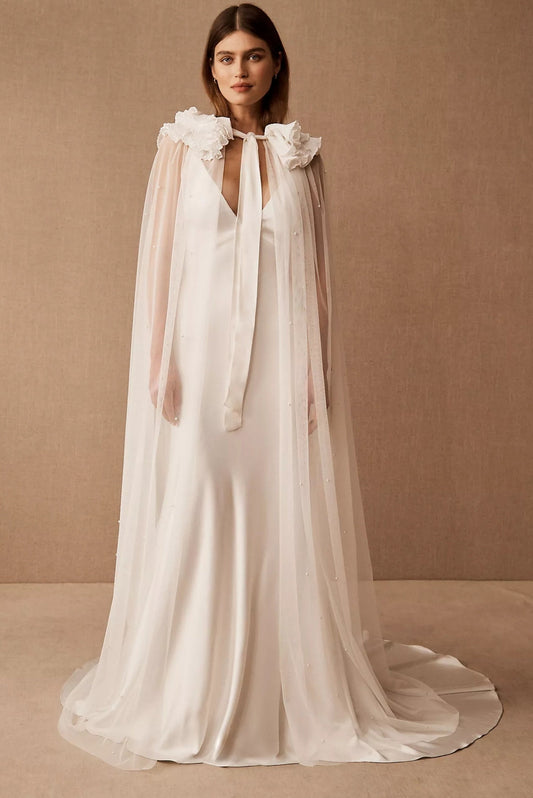 Tiered Ruffled & Pleated Collar Pearl Beaded Floor Length Cape