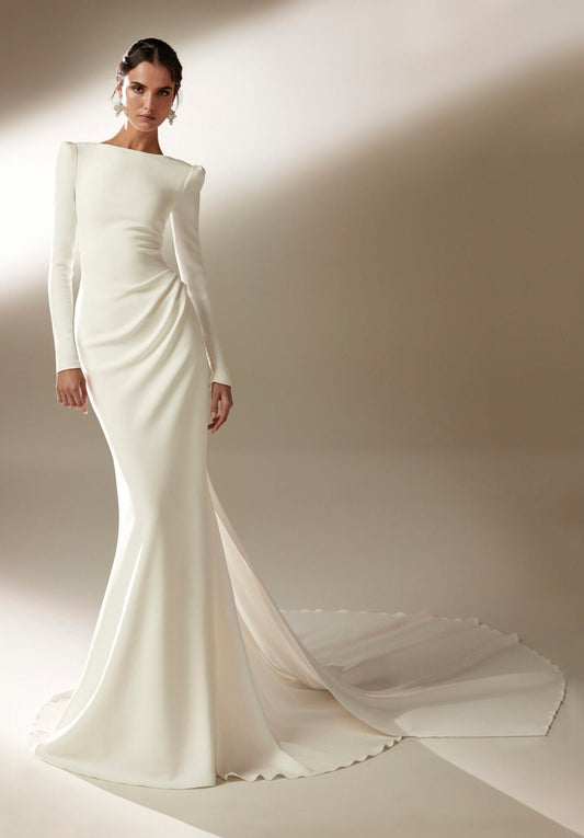 Modest Long Sleeve Open Back Embellished Trim Gown