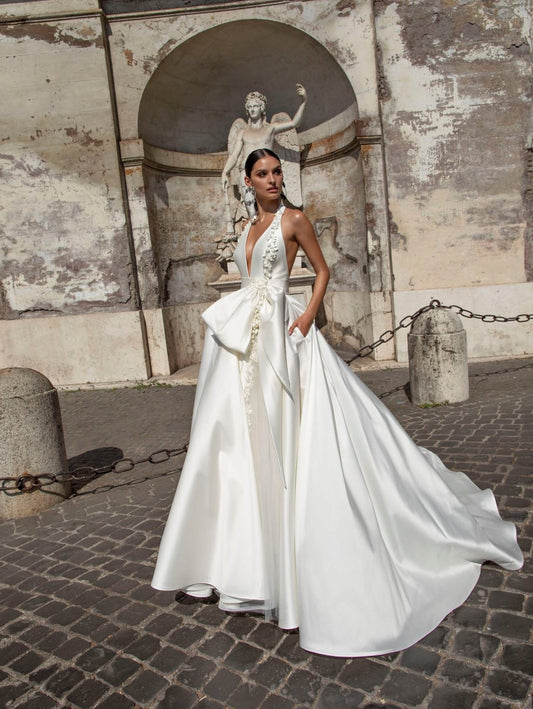 Elegant Sleeveless Deep V Neck Trailing Flowers & Satin Gown