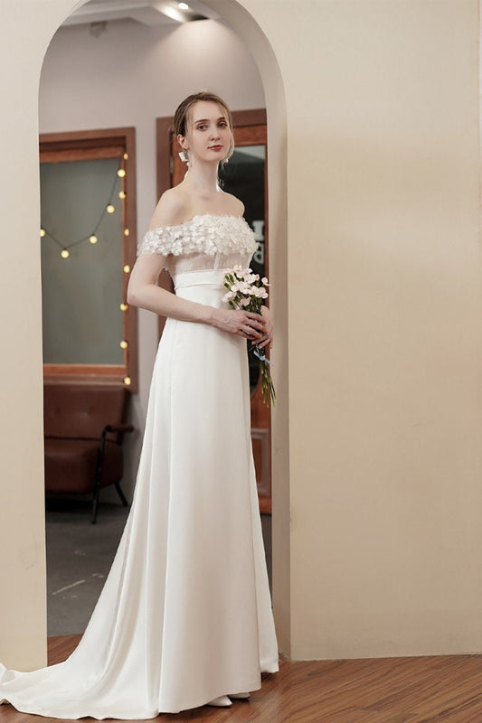 Off The Shoulder Natural Waistline Flowers & Lace Trumpet Gown