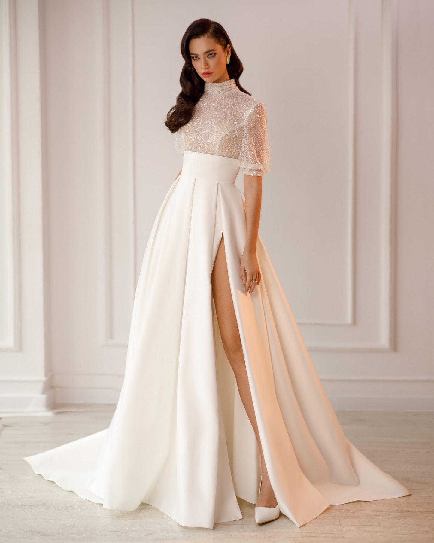 Shimmering High Neck & Natural Broad Waistline With Thigh High Split Gown