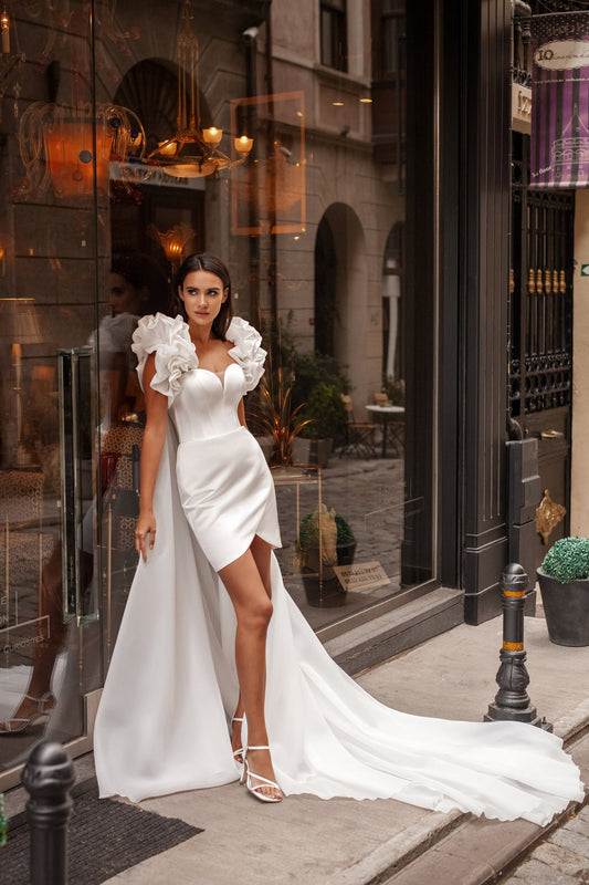 Above The Knee Asymmetrical Sweetheart Layered Ruffle Sleeves & Pleated Bodice Dress With Train