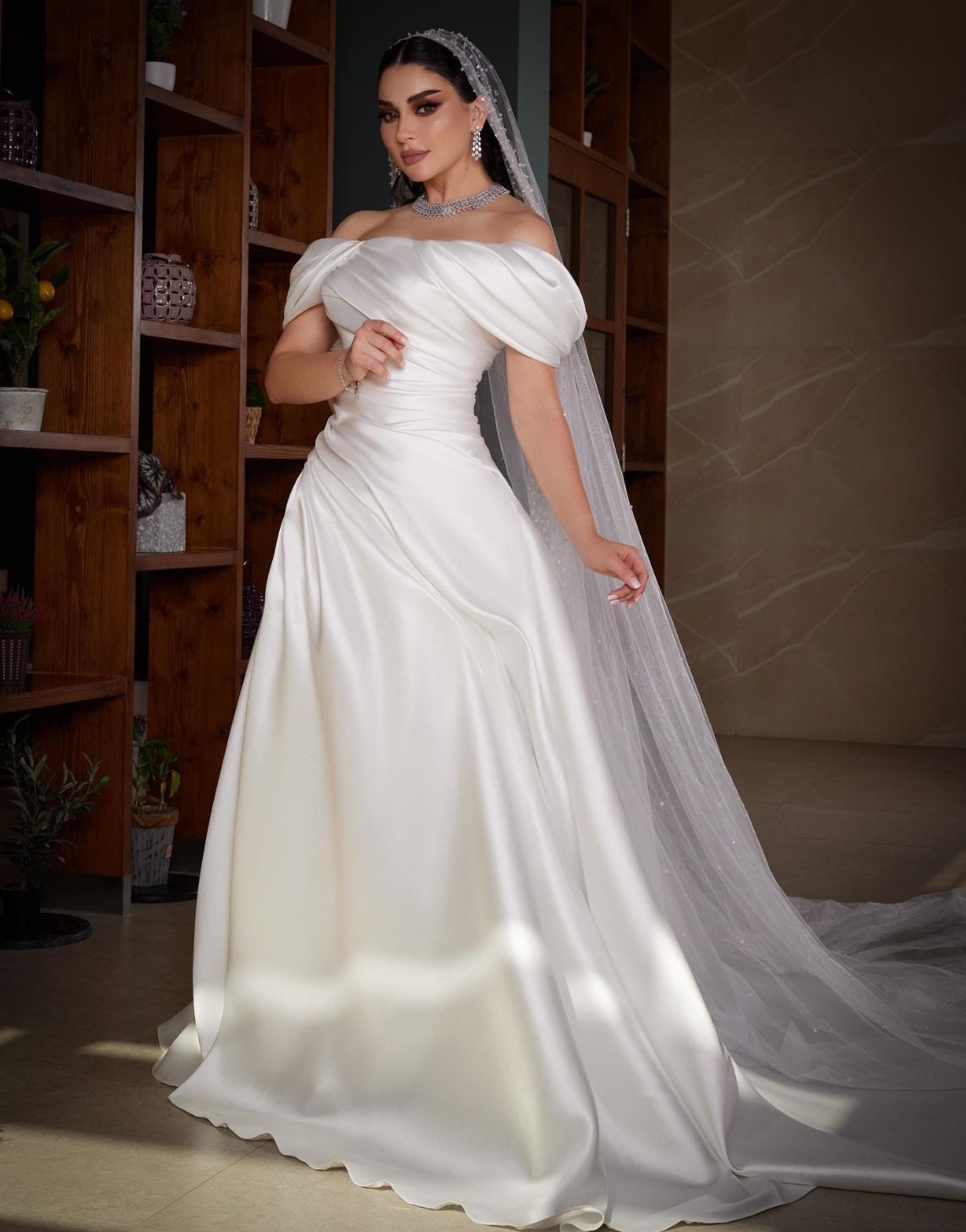 Folded Mikado Satin Pleated Off The Shoulder Elegant BridalGown