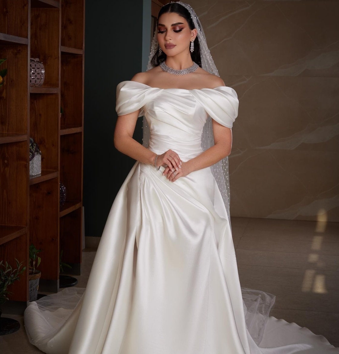 Folded Mikado Satin Pleated Off The Shoulder Elegant BridalGown