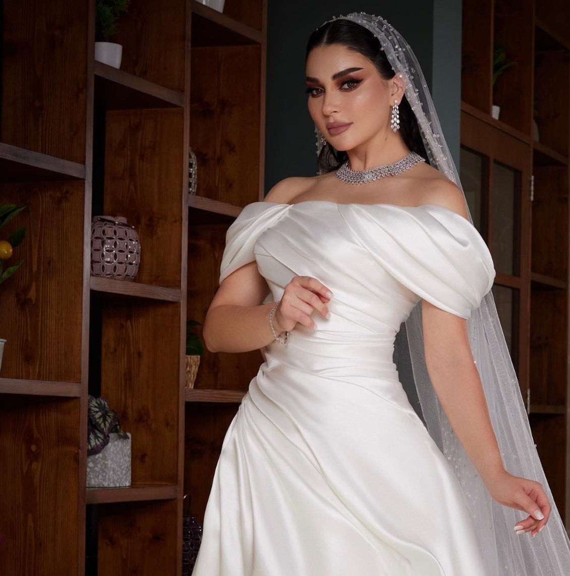 Folded Mikado Satin Pleated Off The Shoulder Elegant BridalGown