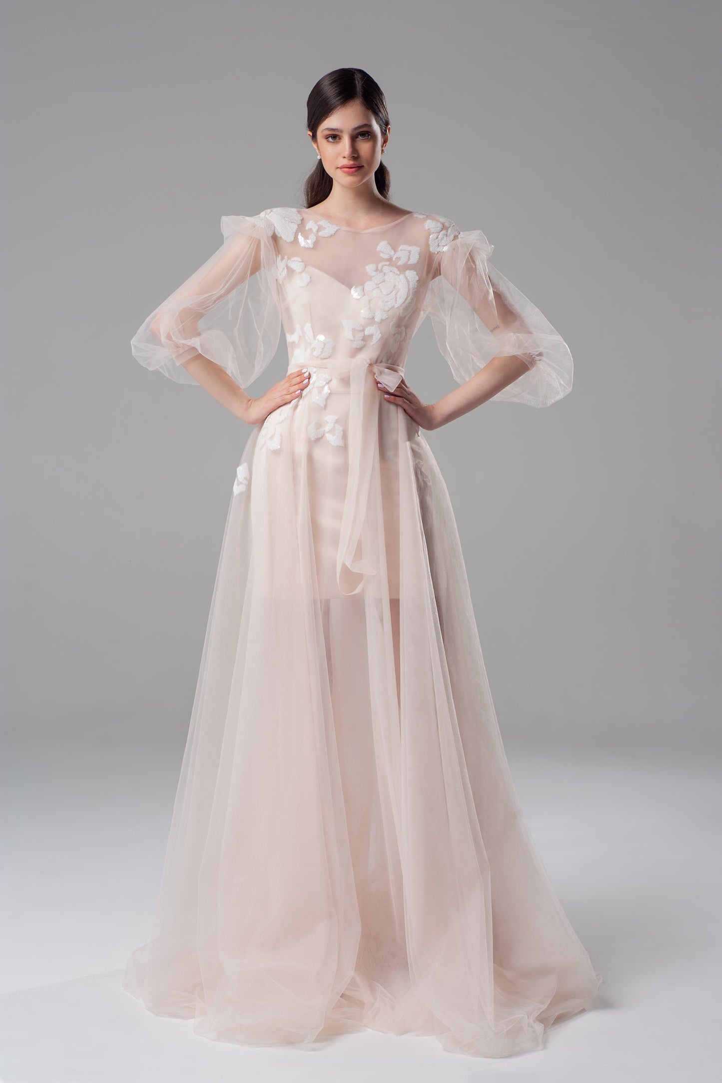 Sweetheart Above The Knee Sheath Dress With Tulle & Floral Appliqué Floor Length Overlay