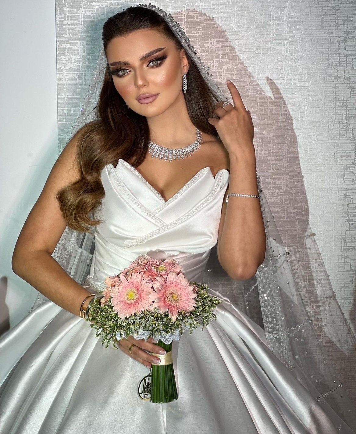 Strapless Layered V Neck Multi Beaded Trimmed A-Line Wedding Ball Gown