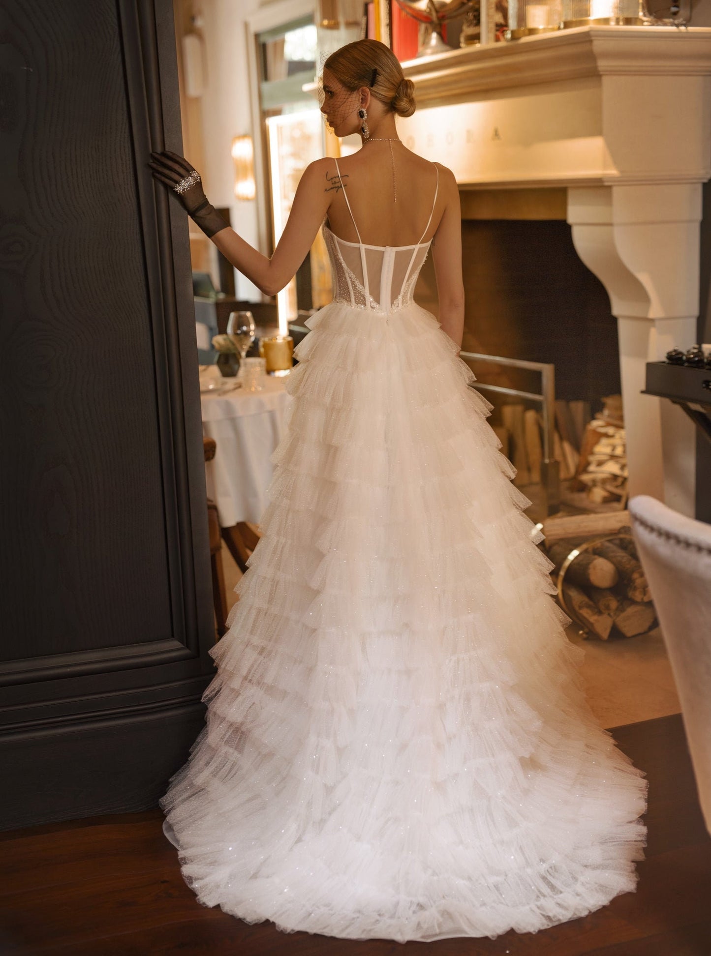 Sweetheart Sequin Floral Vine Appliqués Corset Bodice With Natural Waistline & Layered Tulle Shimmering Skirt