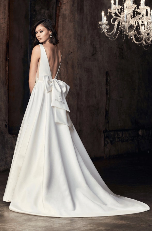 Sleeveless Deep V Illusion A-Line Gown With Beaded Embroidery "LOVE" Scripted Back Bow Knot