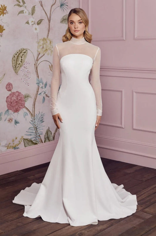 Sheer High Neck Trumpet Fit To Flare Ceremonial Bridal Gown