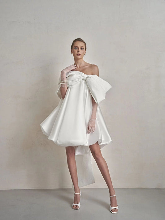 Off The Shoulder Oversized Bow Knot Above The Knee Puff Dress