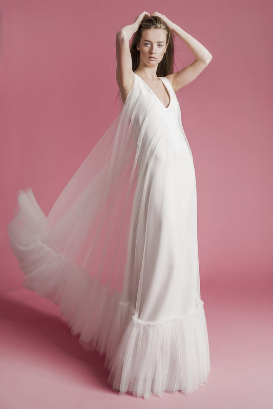 Sleeveless Sheath Gown With Flowing Tulle Overlay