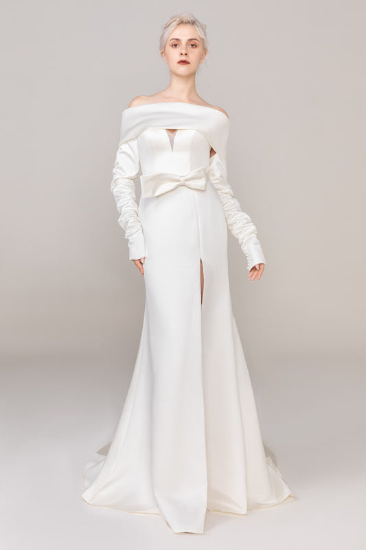 Strapless Sweetheart Trumpet Gown With Detached Sleeves, Bow Sash And Off The Shoulder Addition