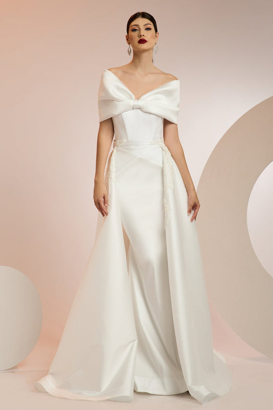 Sophisticated Bow Knot Off The Shoulder Mermaid Gown With Detachable Beaded Appliqués Accented Train
