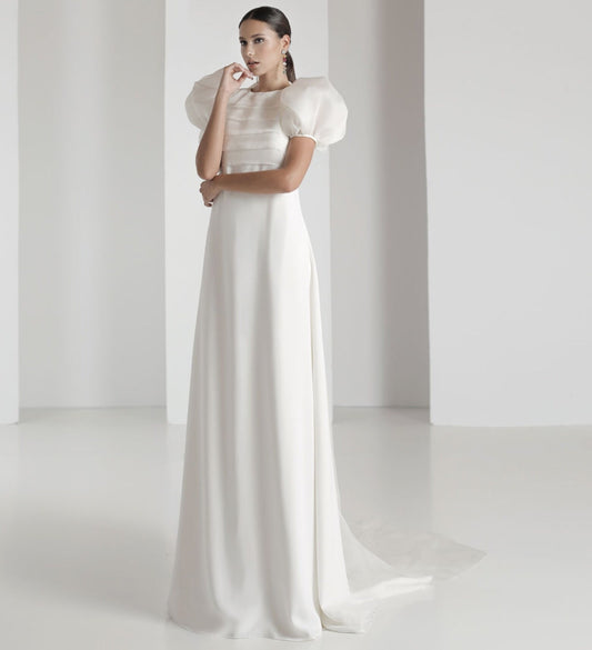 Pleated Empire Waisted Puff Sleeve Modest Minimalist Gown