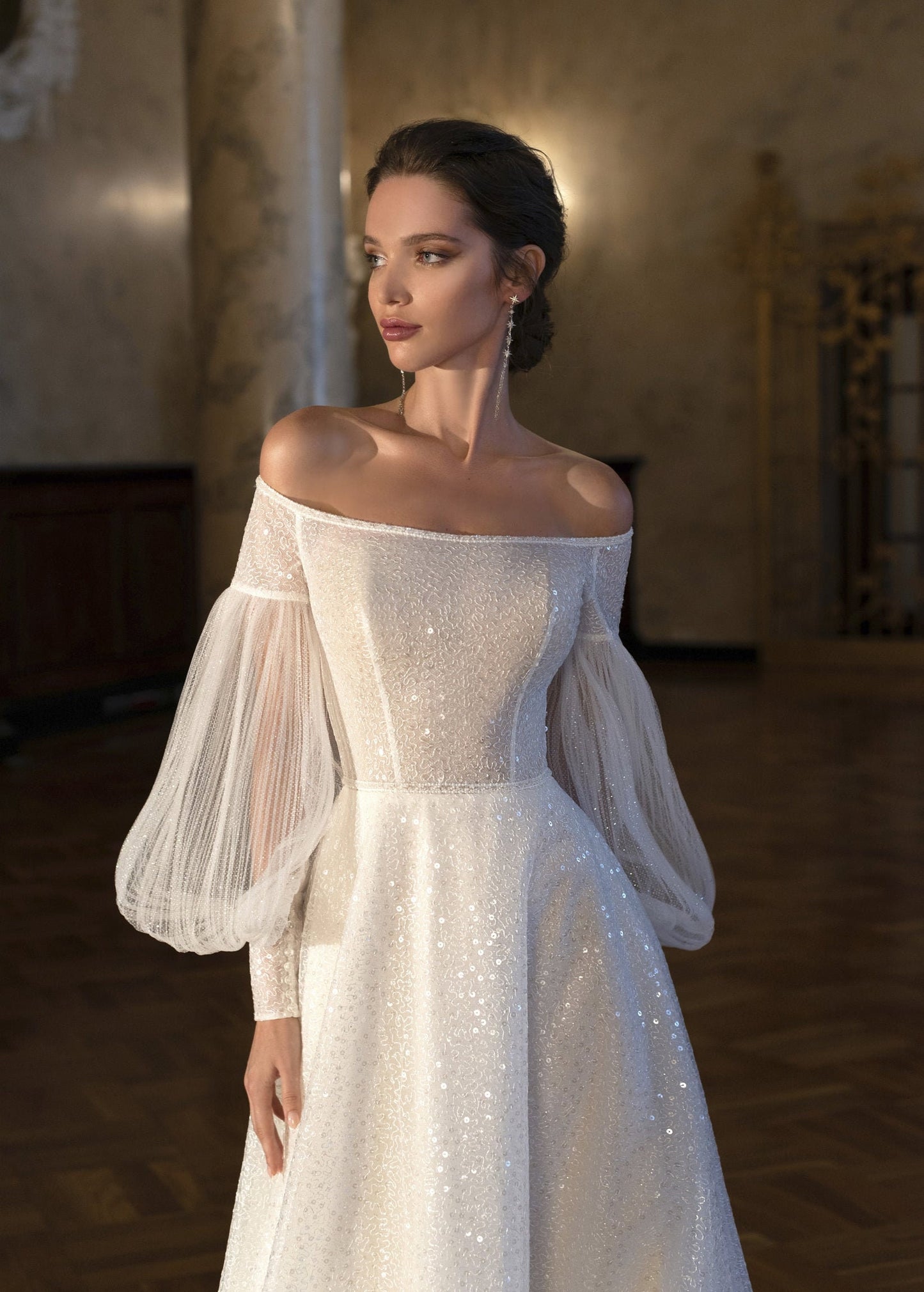 Off The Shoulder Shimmering A-Line Gown With Pleated 3/4  Sleeves