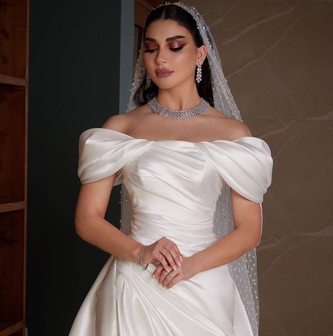 Folded Mikado Satin Pleated Off The Shoulder Elegant BridalGown