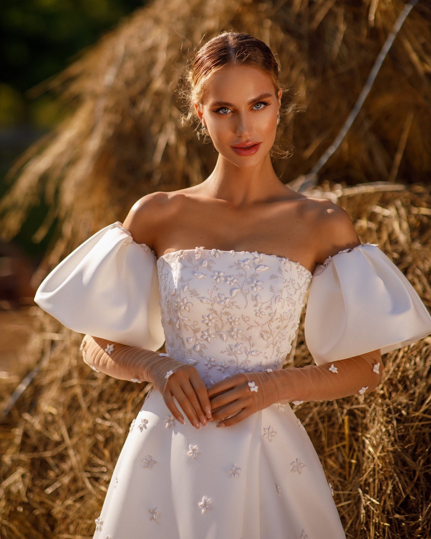 Beautiful Botanical Floral Beaded Multi Style Option A-Line Gown With Split Hem, Detached Matching Bolero And Detached Sleeves