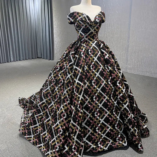 Abstract Sequinned Off The Shoulder Sweetheart Tie Up Back Special Occasion Prom Gala Gown