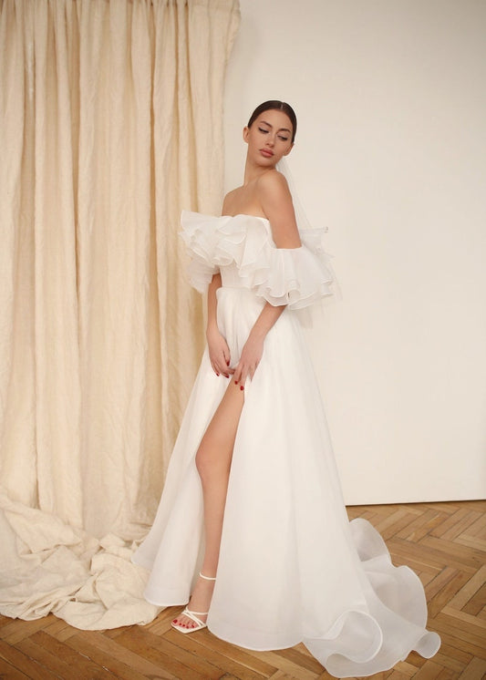 Ruffled Flutter Off The Shoulder Floor Length Gown With Split Hem